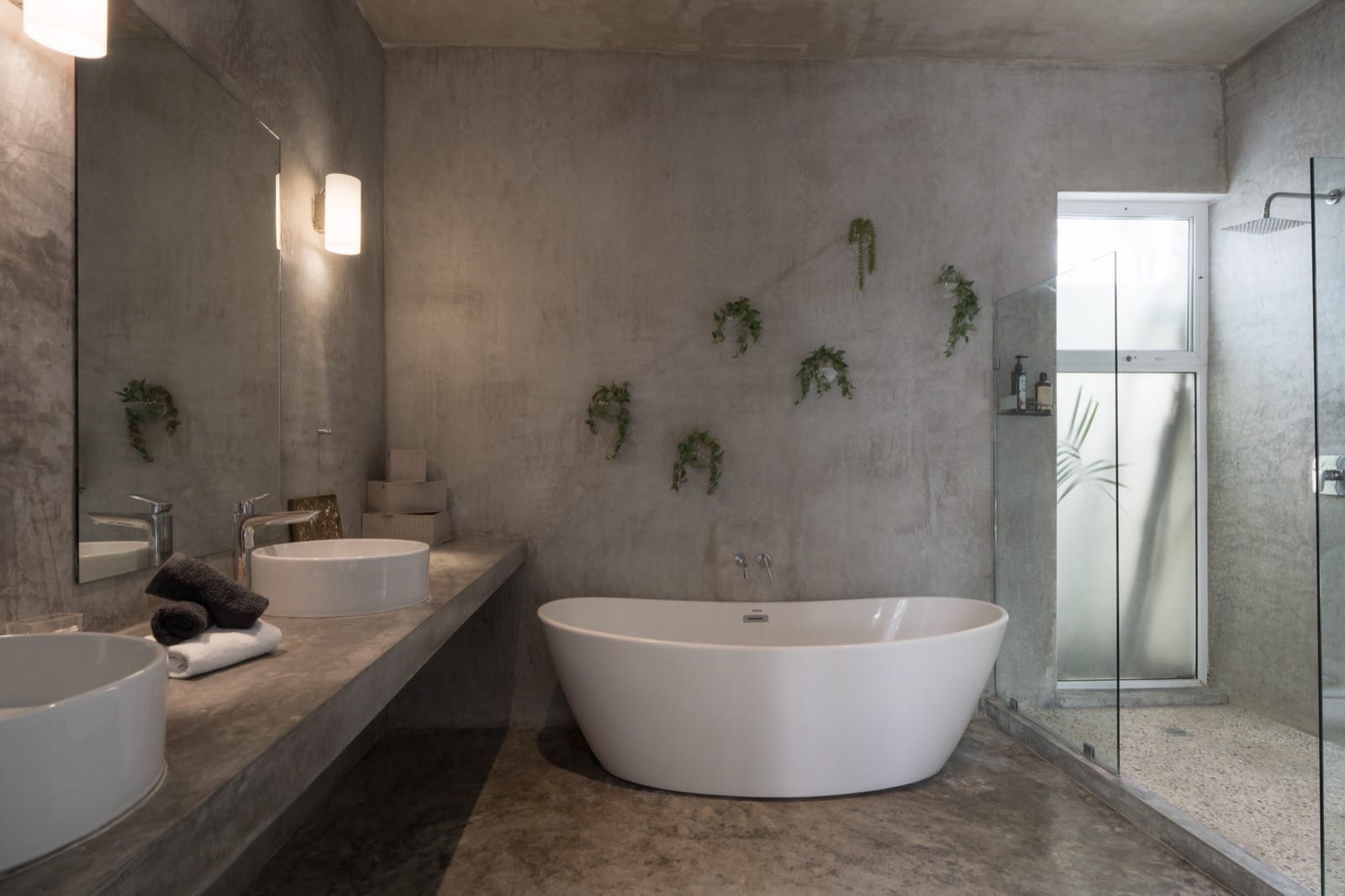 A freestanding tub against a bare plaster wall, trailing vines in small wall-mounted vessels